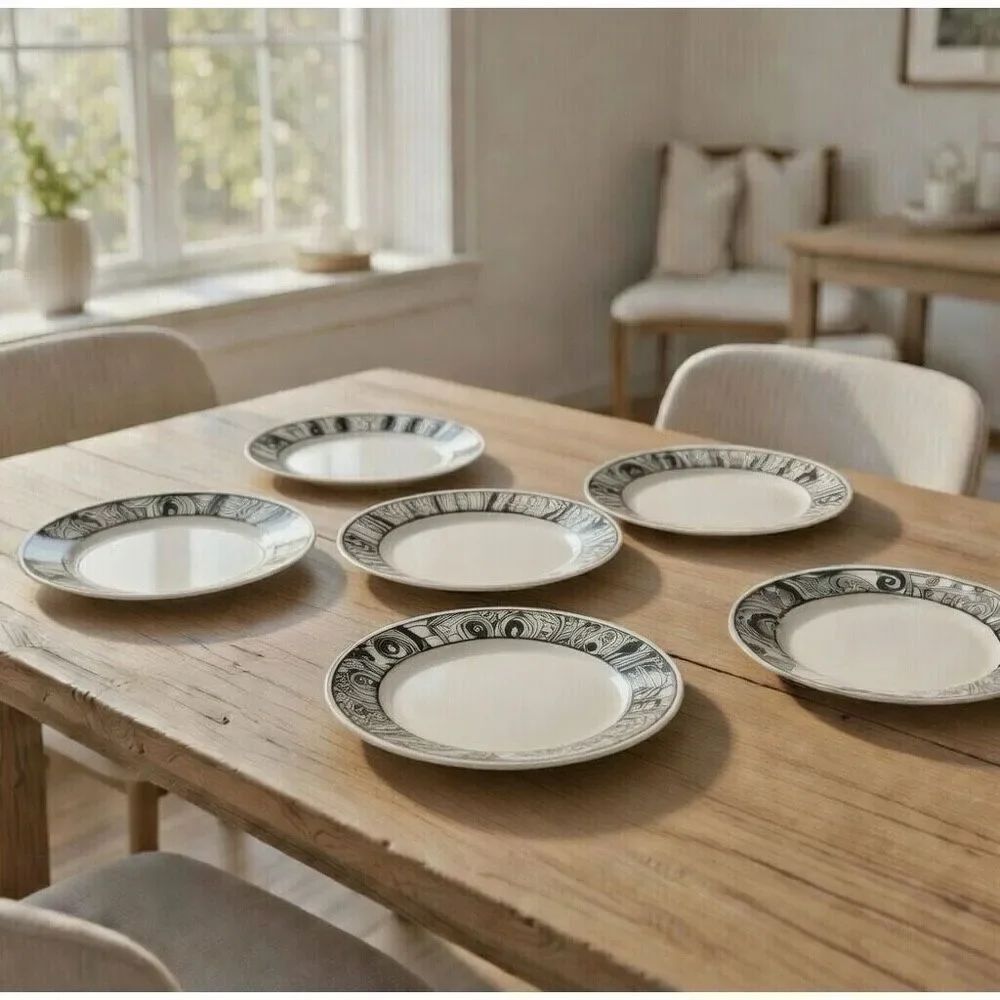 SET  6 CORELLE 8.5" LUNCHEON PLATES "NOUVEAU" LIFESTYLES VIVE BLACK/WHITE/ GRAY